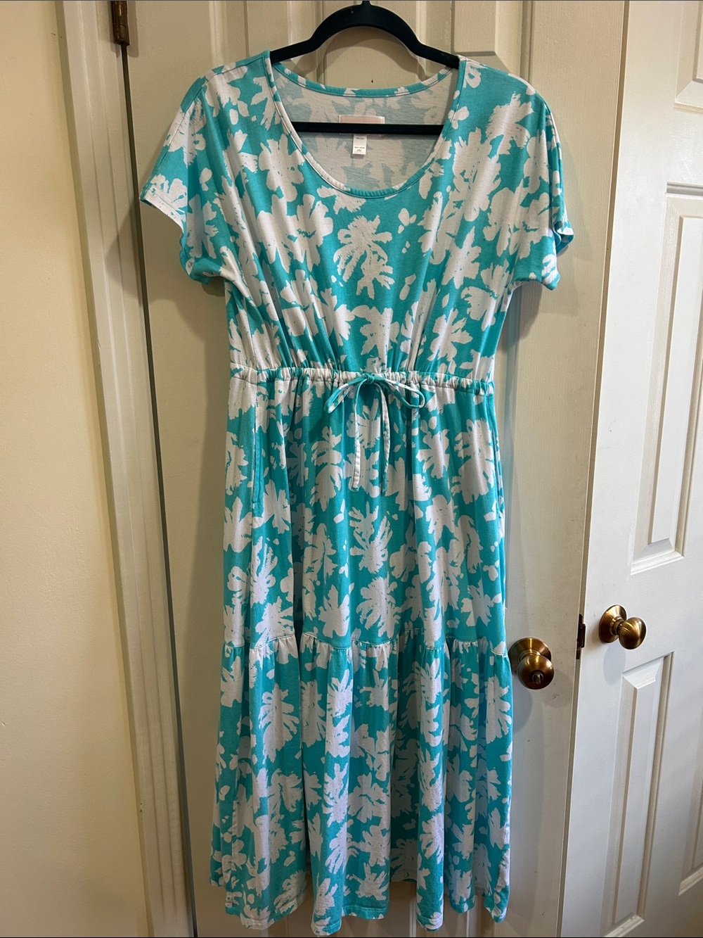 Aqua Blue and White Pullover Cotton Knit Dress